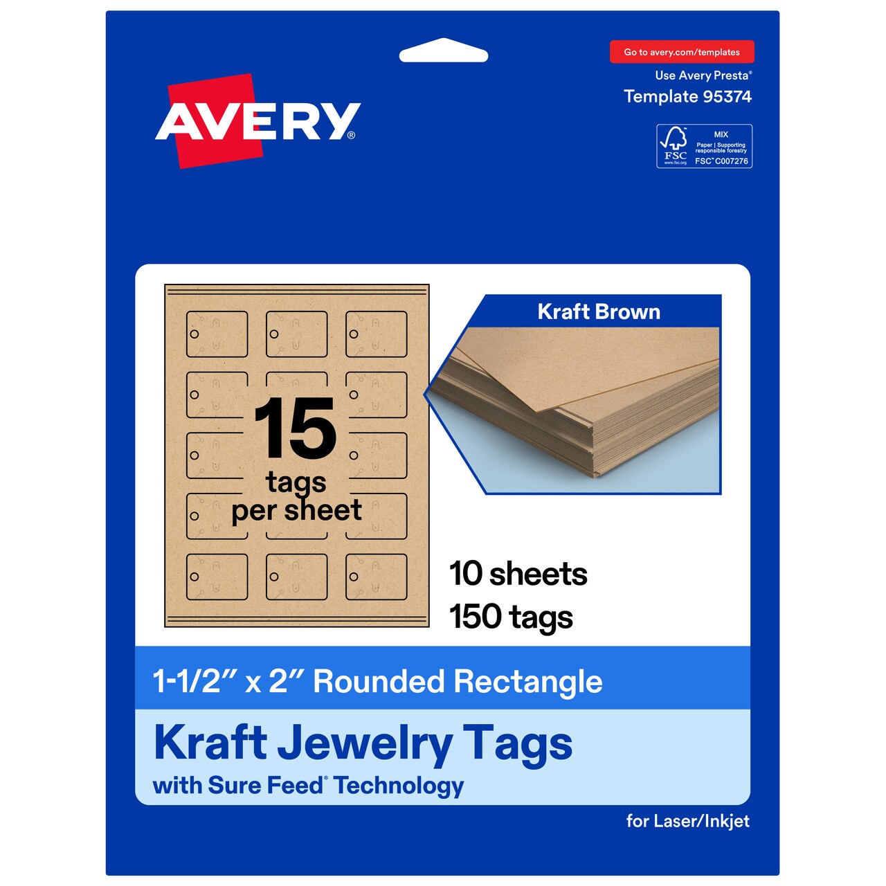 Avery Printable Rounded Rectangle Jewelry Tags, Sure Feed Technology, 1-1/2" x 2", Matte Kraft Brown Cardstock, Print-to-The-Edge, Laser/Inkjet Printable, 150 Total